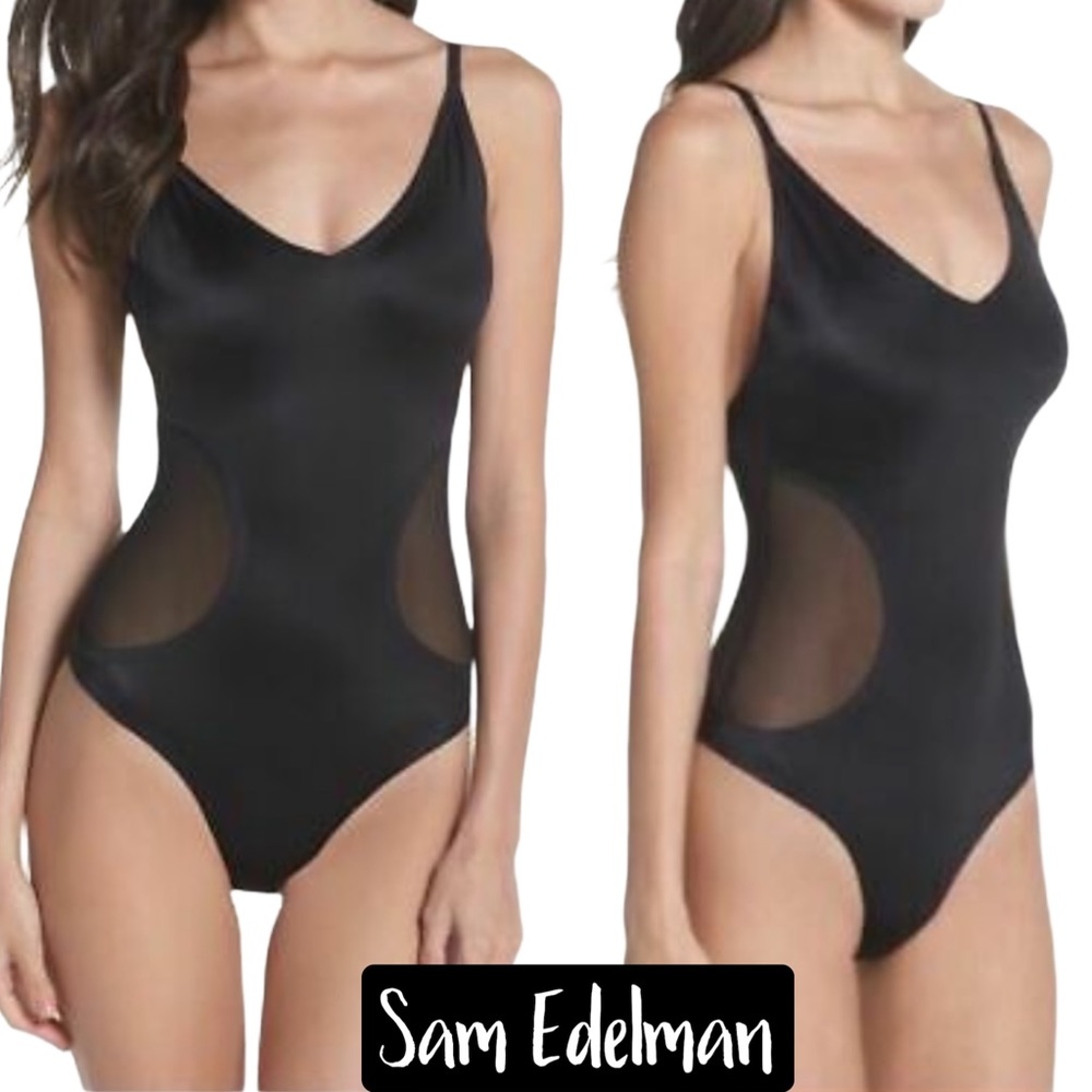 Sam Edelman Black Bonded Mesh Panel Thong Bodysuit